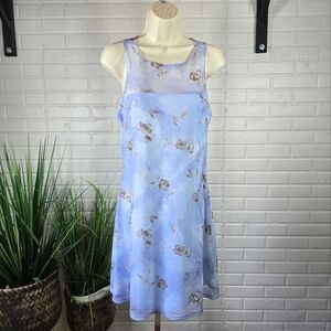 Vintage 90s Hana Chiffon Mesh Floral Blue Sleeveless Dress Size Medium